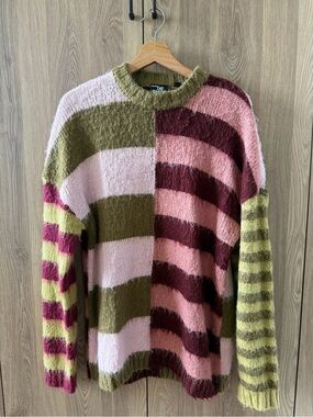 Urban Outfitters Olive, Pink & Burgundy Striped Crewneck Sweater